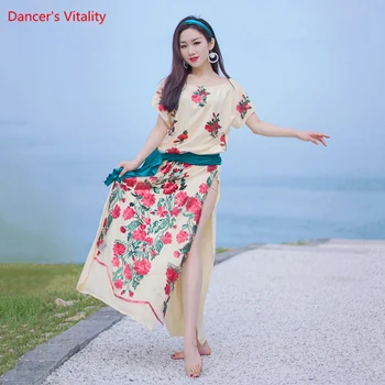 

Belly Dance Female Adult Summer New Elegant Robe+Hip Scarf+Headscarf Practice 3 piece set Oriental Dancewear Performance Skirt