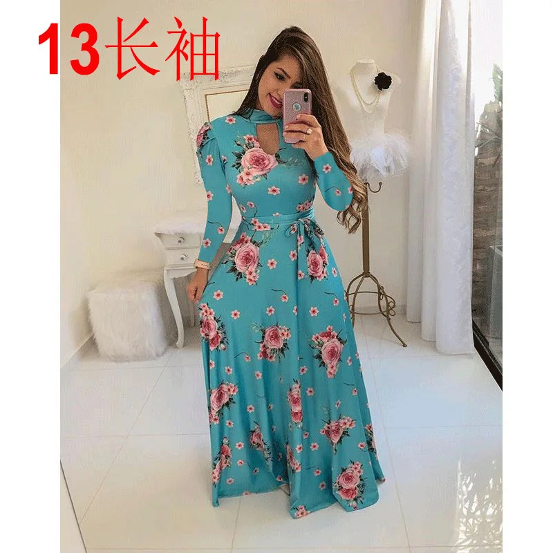 sleeves light green Новое богемное длинное платье с принтом большое женское платье Элегантное повседневное шифоновое длинное платье с цветочным принтом высокого качества - Цвет: sleeves light green