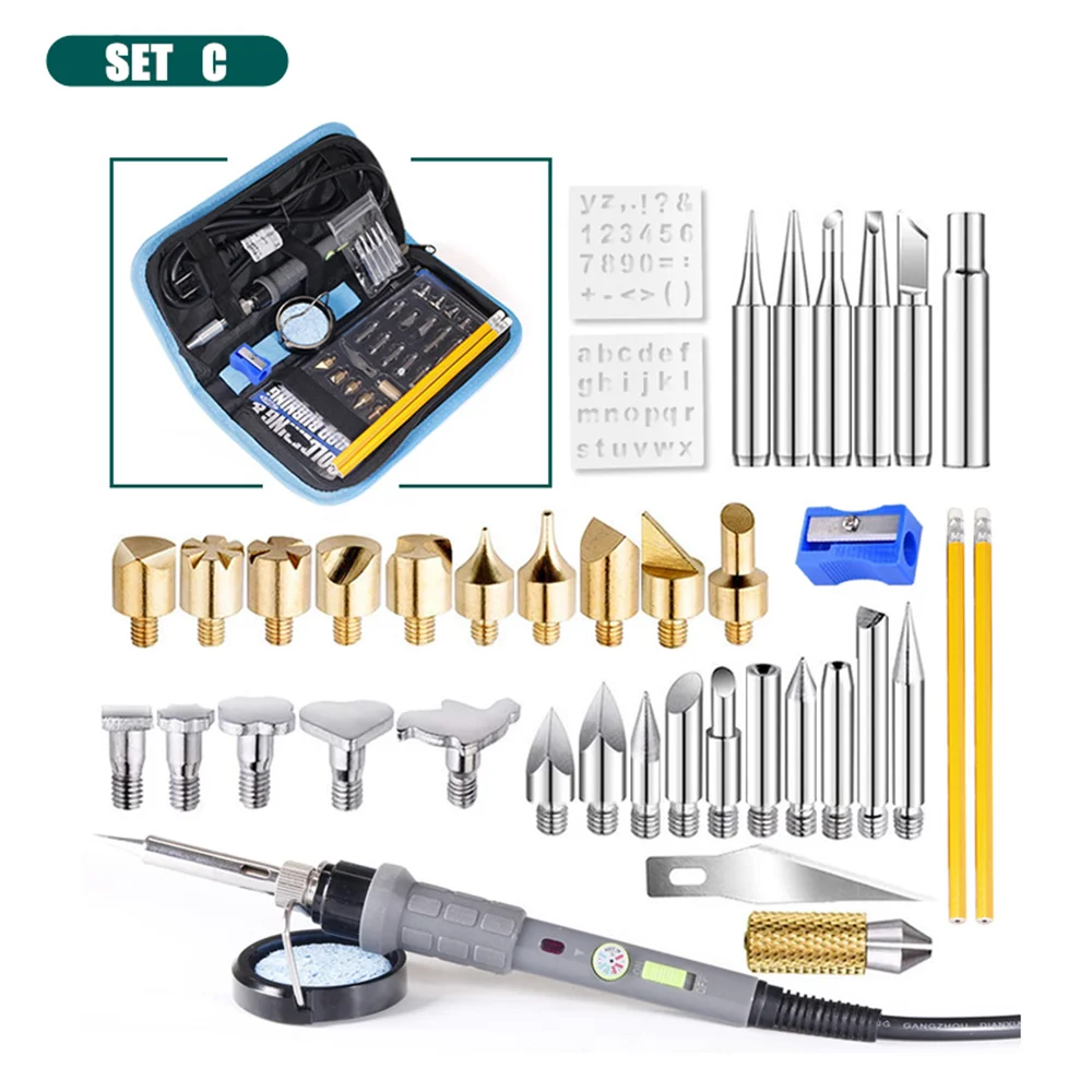 C PJLSW Wood Burning Kit Carving Pyrography Pen Kit 60W Adjustable Temperature Soldering Iron Welding Wood Embossing Burning set - Цвет: C