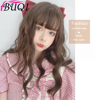 

BUQI Brown Black Grey Wigs With Bangs Long Curly Wavy Daily Heat Resistant Synthetic Wigs For Cosplay Lolita Party