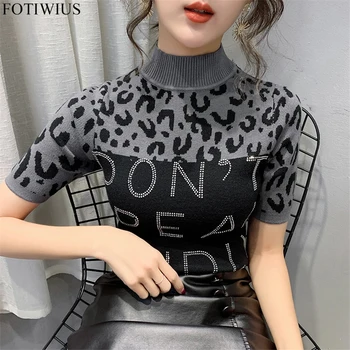 

Korean Fashion Leopard Knitted Tops Autumn Winter Turtleneck Pullover Women Short Sleeve Knit T-shirt Tee Shirt Femme Knitwear