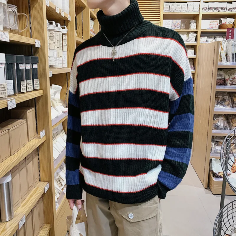 2019 Autumn And Winter Men's New Youth Korean Version Of Casual Stitching Stripes Trend Hit Color Loose Turtleneck Sweater 2019 Autumn And Winter Men's New Youth Korean Version Of Casual Stitching Stripes Trend Hit Color Loose Turtleneck Sweater