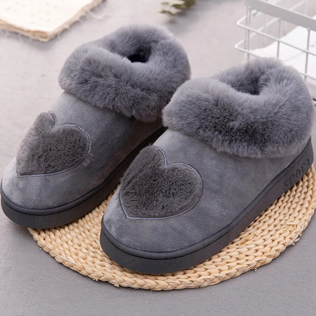

2019 Women's Winter Slippers Heart-Shaped Soft Fur Indoor Home Slipper Winter Warm Plush Casual Shoes Flat Heel Ankle Footwear