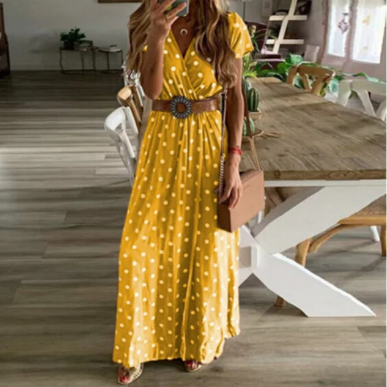 Цвет: желтый Женское летнее платье с v-образным вырезом, Boho, с коротким рукавом, макси-платье в горошек, вечерние платья, пляжный сарафан, женский - Цвет: Цвет: желтый
