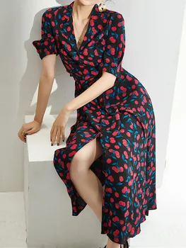 

2020 Early Spring Women's Cherry Print Midi Dress ladies split sexy beach long dresses with sashes