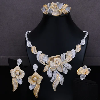 

Luxury Big Flower Necklace Bangle Earrings Ring 4PCS Women Bridal Wedding Jewelry Sets Luxury Cubic Zircon Party Show Jewelry