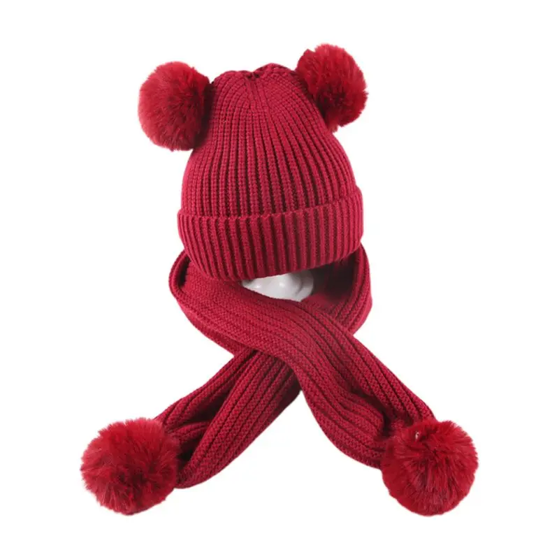 Детский шарф, вязаная шапка(комплект), одноцветная, с 2 шариками, детская шаль на осень и зиму - Цвет: Бургундия