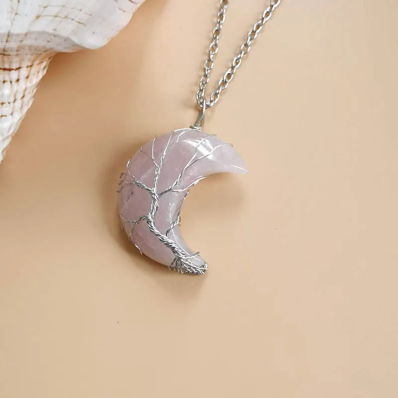 Life Tree Crescent Moon Shape Pendant Silvertone Wire Wrap Natural Gemstones Healing Crystal Women Necklace
