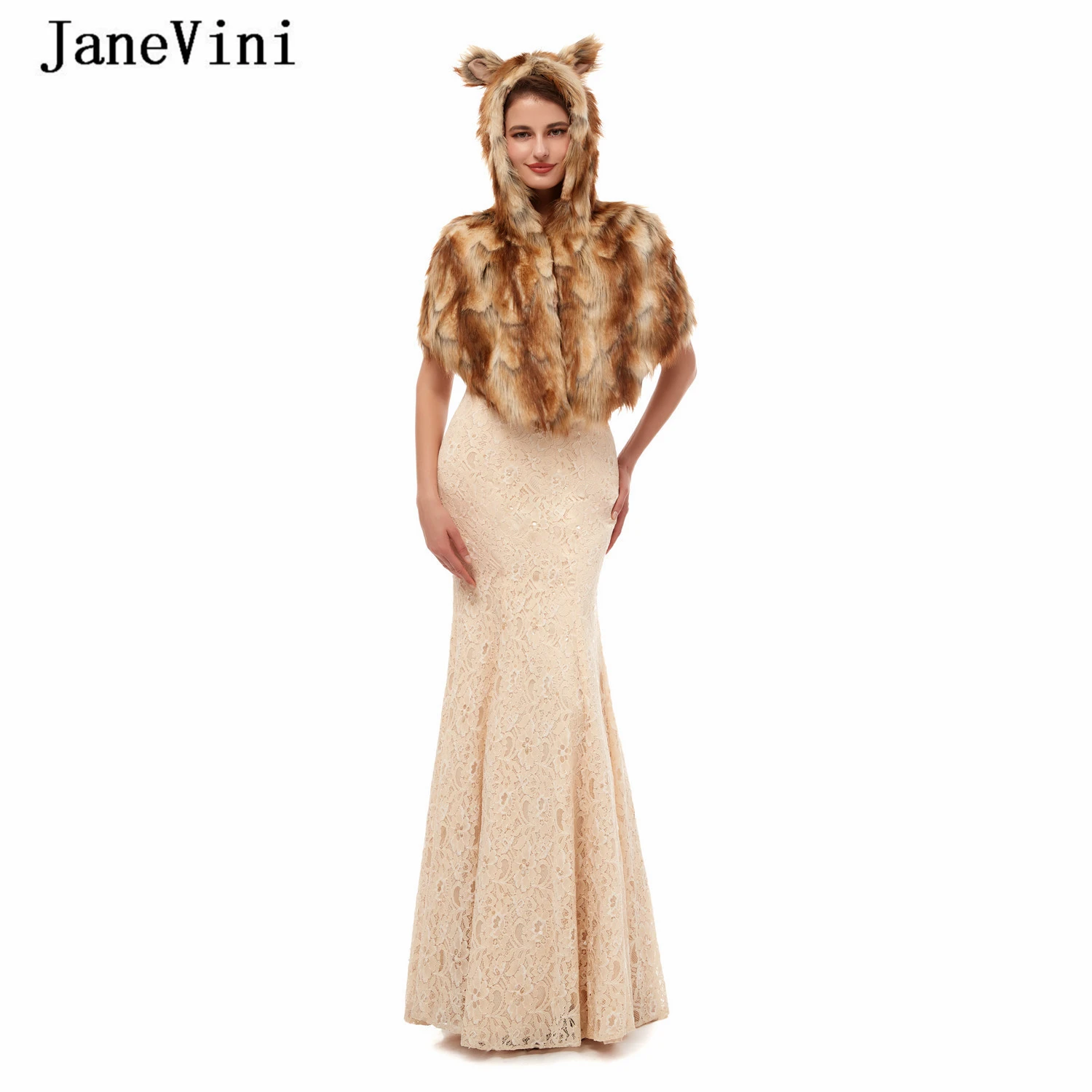 JaneVini New Fashion Bridal Hooded Bolero Winter Wedding Coats for Brides Faux Fur Wrap Shawl Warm Cape Women Shrugs Accessories