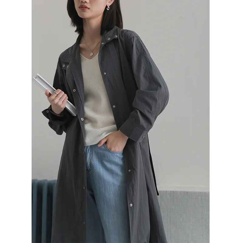 

Women Long Coat Normcore/Minimalist Mandarin Collar Covered Button Wide-waisted Solid Belt Trench Coat for Women