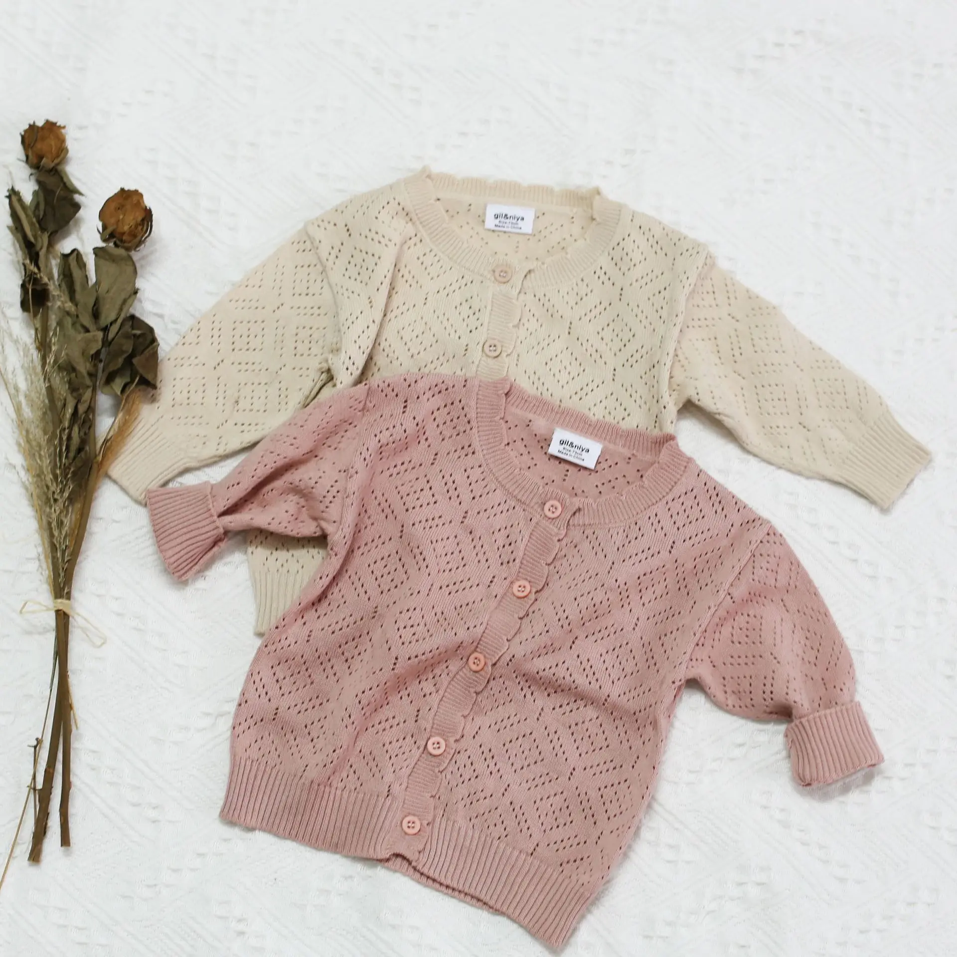 3464 Children's Thin Sweaters Girls' Long Sleeve Solid Sun Protection Shirt Air Conditioning Cardigan Knitted Hollow Coat | Детская