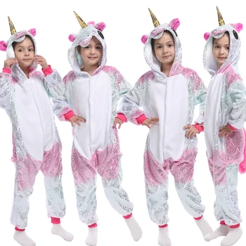 

New Full Flannel Winter Polyester Hooded Unicorn Series Sleepwear Children Unisex Pajamas Light Pink Pillamas Animal Regular