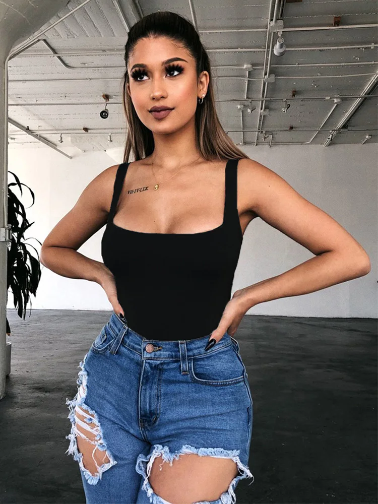 Neón verano Body Top 2020 verano cuadrado cuello básico sin mangas monos mujer mono Sexy Bodycon mujeres