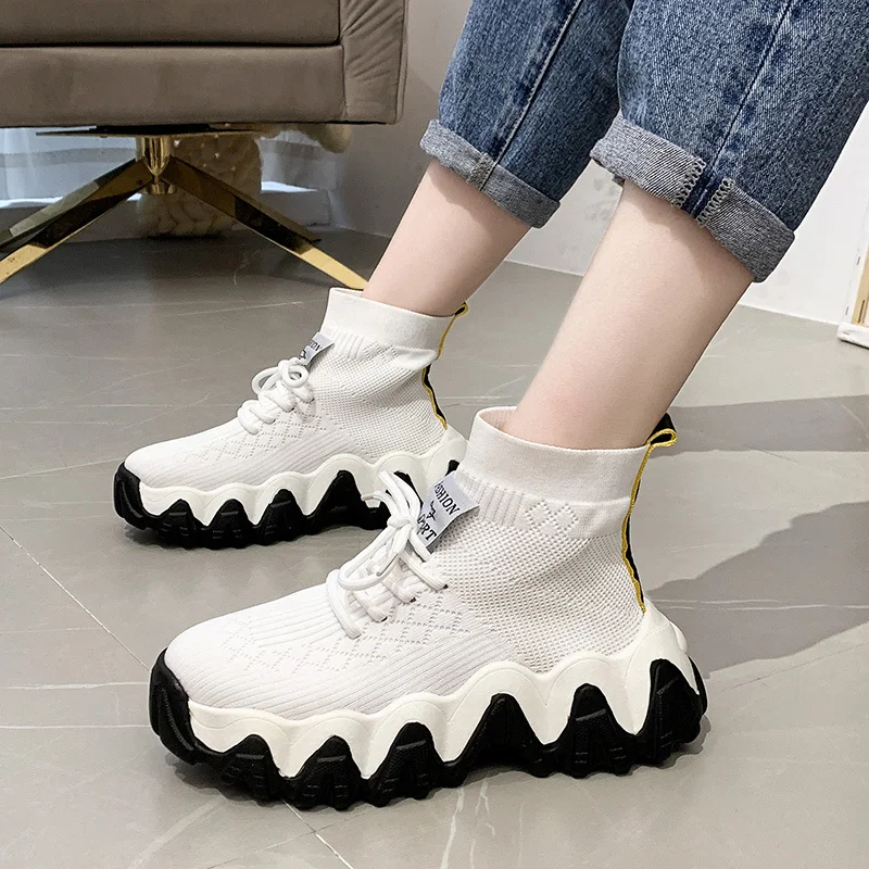 

black white Mesh high top Platform Sneakers Women Thick Sole Sock Sneakers Women Casual Shoes Chunky Trainers Ladies 2020