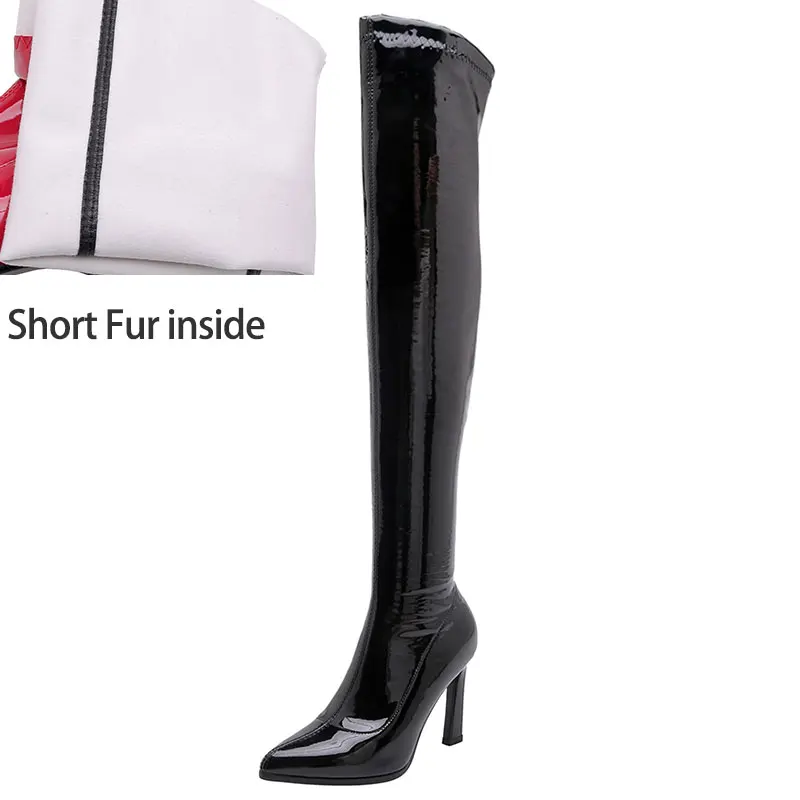 Fur inside black Lsewilly/эластичные сапоги выше колена; женские сапоги до бедра с острым носком без застежки; пикантные сапоги на тонком высоком каблуке; сезон осень-зима; K237 - Цвет: Fur inside black