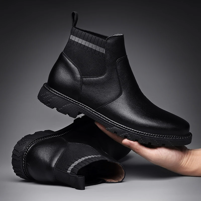 Men Leather Warm Boots British Style Men Winter Fur Shoes Waterproof slip on Plush Fashion Winter Ankle Boots