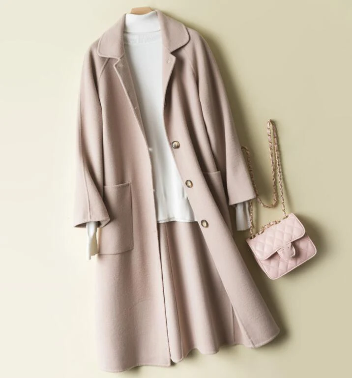 Naked pink Корейское шерстяное пальто женское осенне-зимнее двустороннее кашемировое пальто свободная однотонная женская верхняя одежда Высокое качество Женское пальто - Цвет: Naked pink