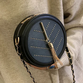 

Cute Small Round Bag Women Summer Shoulder Bag PU Leather Ladies Purses Schoudertas Dames Rivet Tassel Mini Crossbody Chain Bag