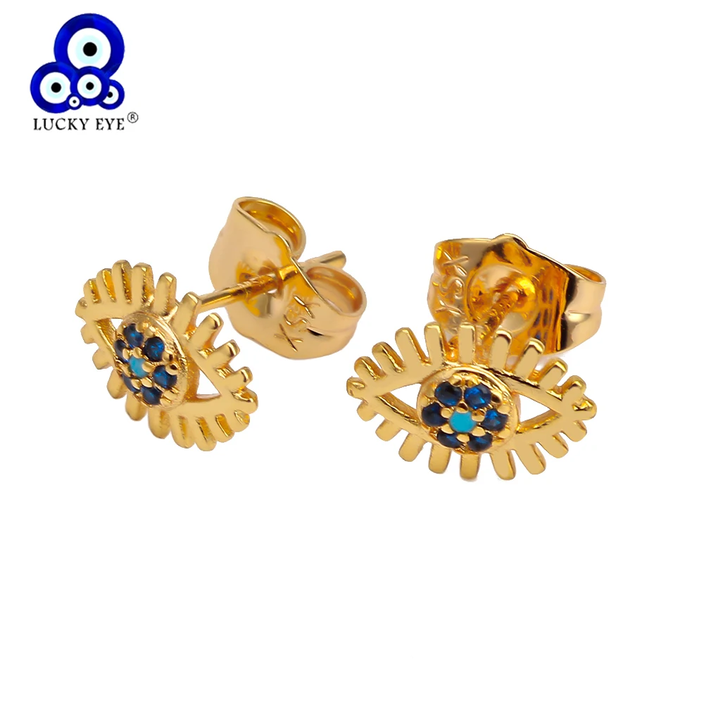 Lucky Eye Blue Zircon Evil Stud Earrings Gold Color Micro Pave Fashion Jewelry for Women Ladies Girls EY6553 | Украшения и