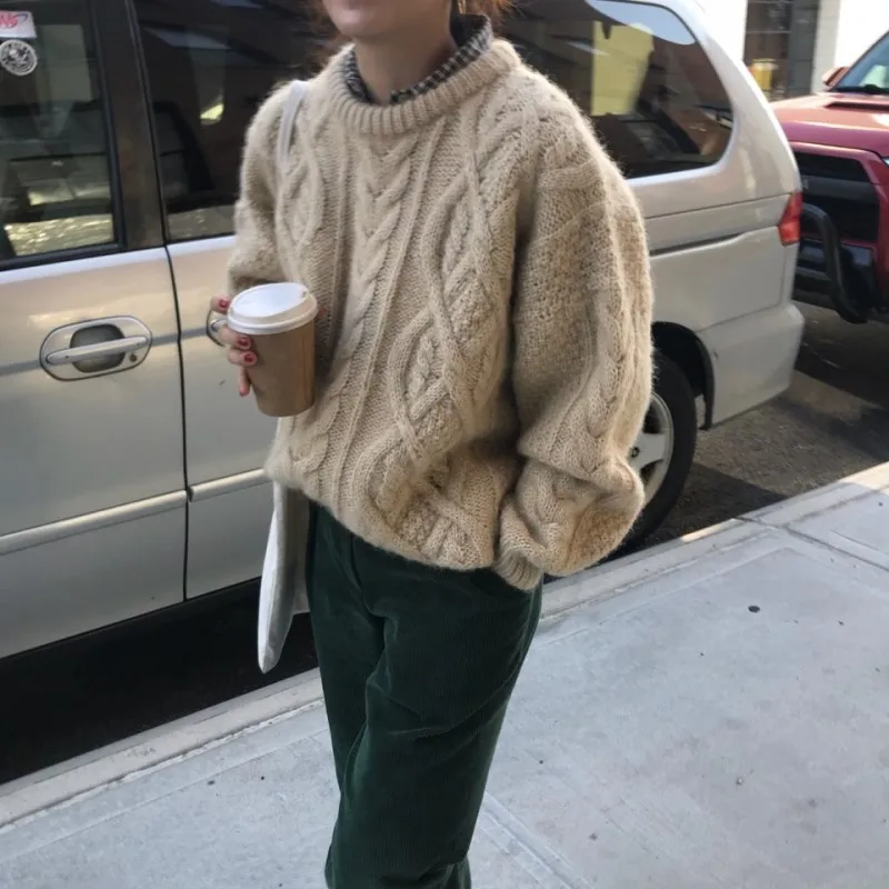 

Retro 2020 Autumn Winter Sewater Women Knitted New Sweaters O-Neck Long Sleeve Mohair Thick Twist Knit Sewater Warm Pullover Top