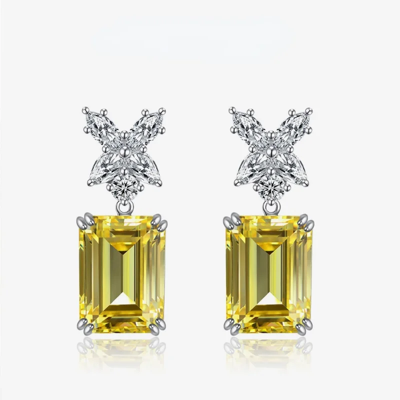 

5A+ Yellow Zircon Stud Earrings for Women High Quality 100% 925 Sterling Silver Sparking CZ Flower Earrings Wedding Jewelry
