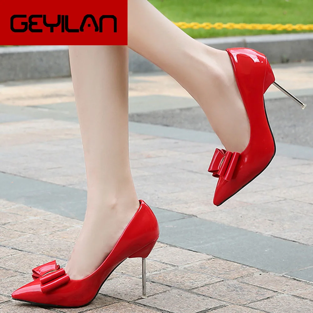 

New Dropship Plus Size 44 Sexy Fetish High Heels Bow Pointed Toe Slip On Shoes Women Party Pumps Woman