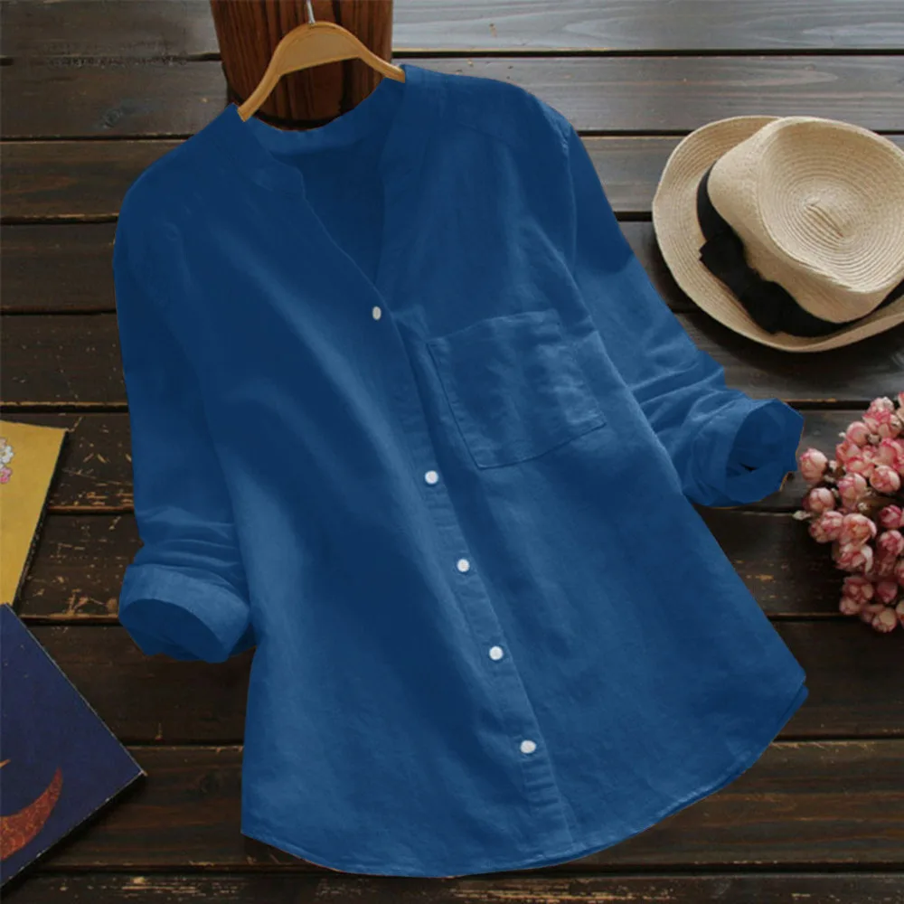 Забавная кошечка блузка с рыбками Женская хлопковая льняная рубашка на пуговицах с принтом Блузка с длинным рукавом и стоячим воротником Женская блузка