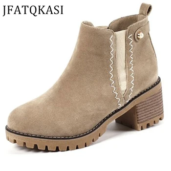 

Women Boots Warm Platform Ankle Boots Woman Riveting Elastic Band Plush Slip On Fashion Ladies Shoes Plus Size Basic Style New