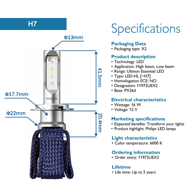 Philips LED H7 Ultinon Essential светодиодный автомобильные лампы 6000K яркий светильник свет