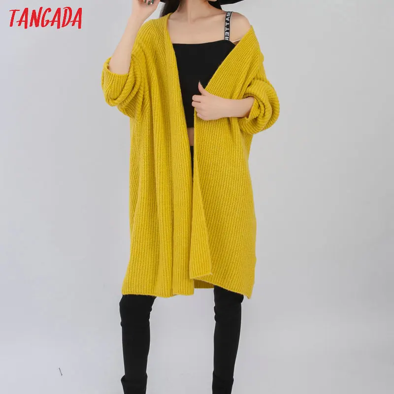 Tangada женский элегантный желтый длинный кардиган свитер с длинным рукавом Повседневные женские вязаные свитера толстый джемпер weater SW08