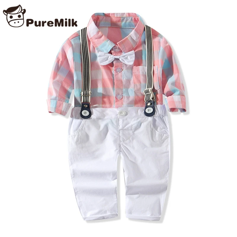PureMilk/розовый комплект одежды в клетку для маленьких мальчиков, рубашка+ штаны+ бант+ ремень, комплект повседневной одежды, одежда для маленьких мальчиков
