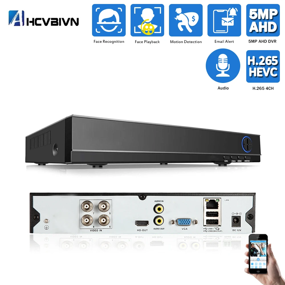AHD 4 канальный DVR 5 в 1 Гибридный регистратор безопасности для 5MP 1080P TVI CVI аналоговая