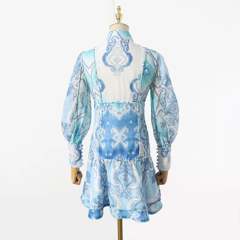 [LIVIVIO] Синий принт однобортный Стенд шеи фонарь с длинным рукавом Труба Мини платья женские Осенняя модная одежда новая