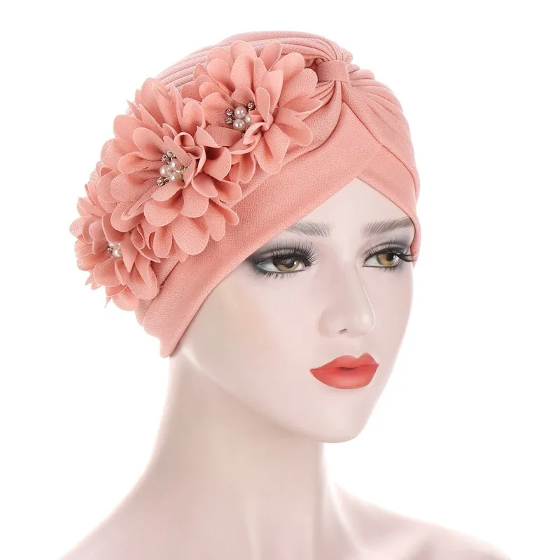 Fashion Women Diamonds Flower Turban Cap Soild Color Muslim Headscarf Bonnet Inner Hijabs Arab Head Wraps Indian Hat 