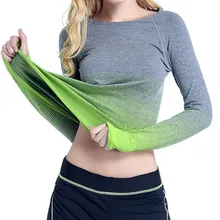 Бесшовный топ для йоги топы Спортивные с длинными рукавами для Женский для фитнеса и зала укороченный топ спортивные, для тренажерного зала рубашка градиент женская спортивная одежда активная A1