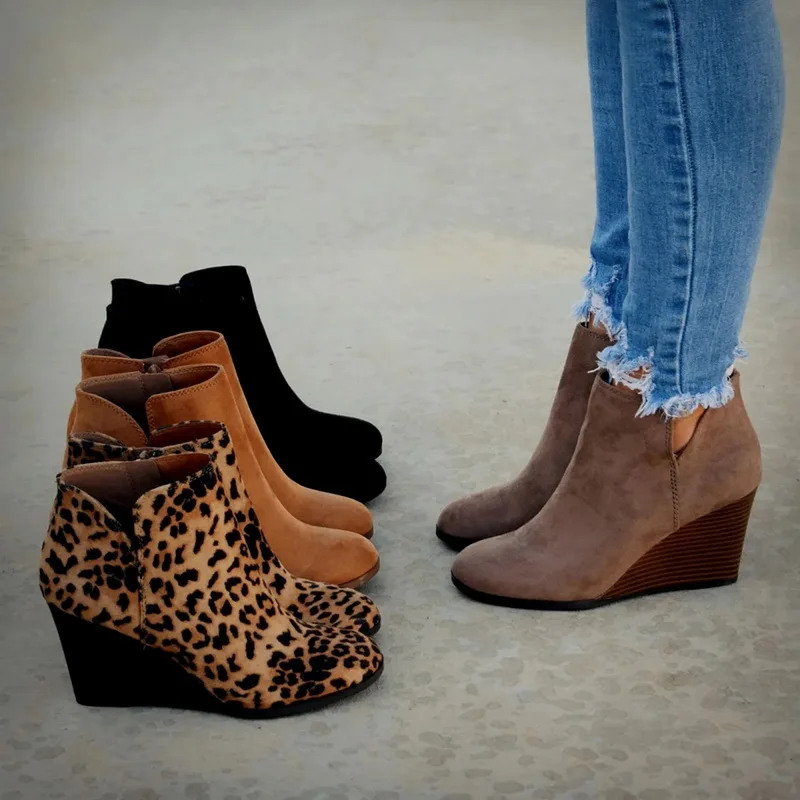 

WENYUJH Pointed Toe Booties Winter Women Leopard Ankle Boots Footwear Platform High Heels Wedges Shoes Woman Bota Feminina