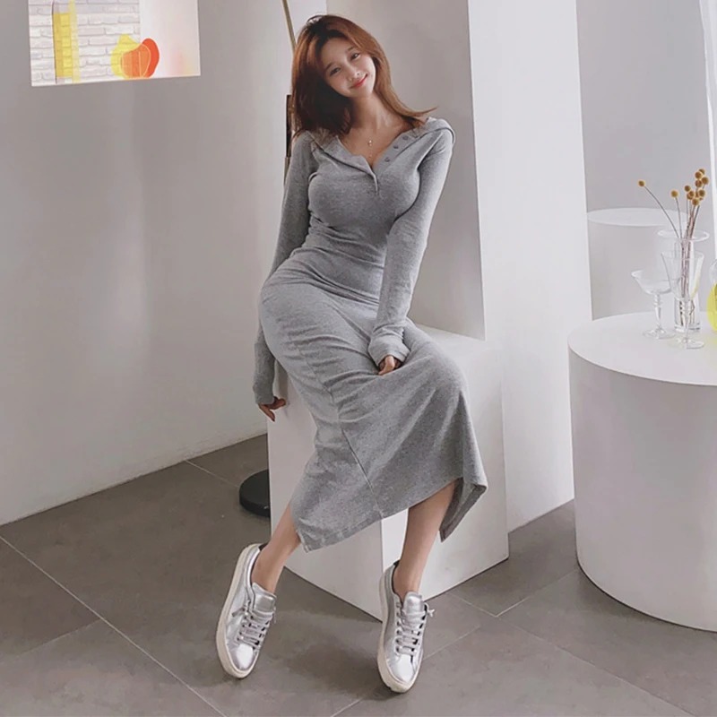 

Fashion Vintage Korean Casual Hooded Long Sleeve Long Party Dress Ladies Elegant Streetwear Bodycon Solid Female Split Dress