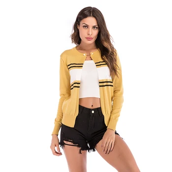 

Autumn New Women's Coats Contrast Pearl Button Stripe Knitted cardigan Ladies Casual Long Sleeve Round Neck Short Style Jackets