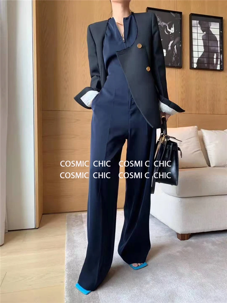 Cosmicchic, женские шерстяные блейзеры, круглый вырез, длинный рукав, черный пиджак, для офиса, леди, Золотая пуговица, пальто, облегающие, для женщин, официальные куртки