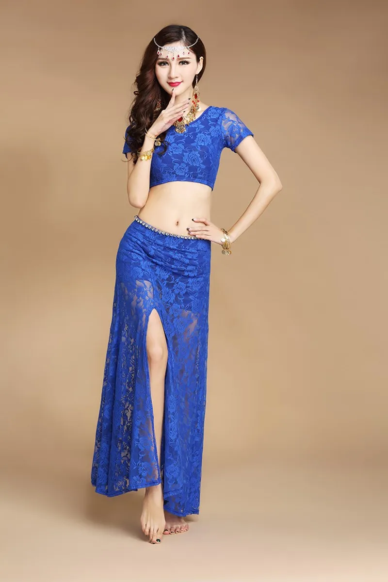Blue 4 шт./компл. Для женщин макси живота платье для танцев юбка костюм наборы для ухода за кожей пикантные Разделение штаны с кружевами для девочек платье Топ и юбка с вуалью пояс утяжка индийский Голливуд - Цвет: Blue