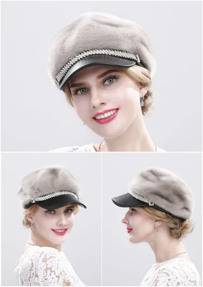 Модная женская шапка из натурального меха норки, теплые бриллиантовые кепки, разные цвета