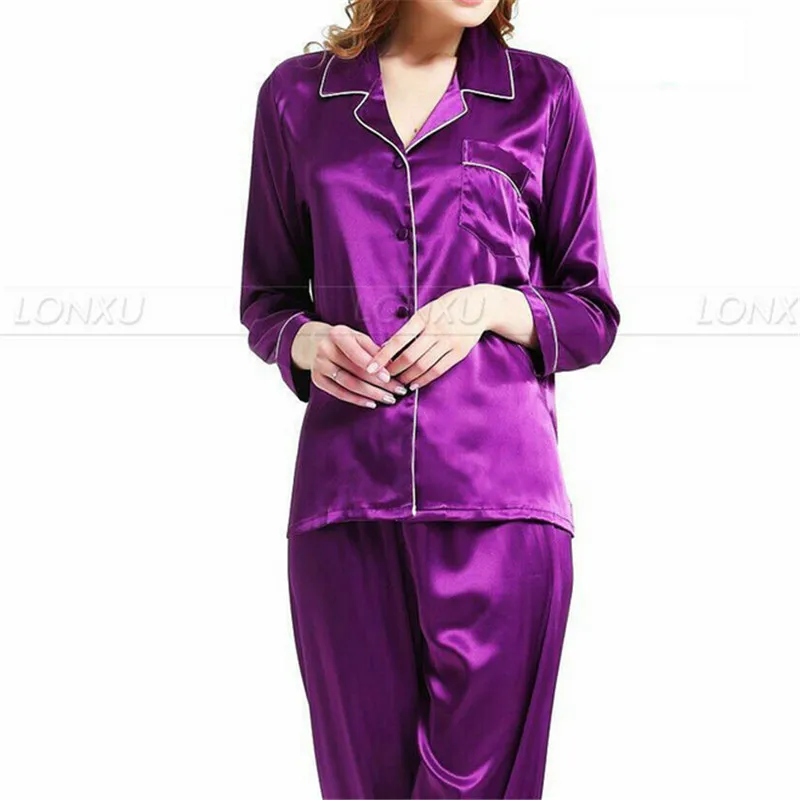 Spring Women's Silk Satin Casual Pajama Set Loose Soft Sexy Elegant Female Pajamas 2Pcs Set PJS Nightie Homewear - Цвет: Фиолетовый