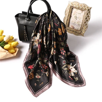 

2020 New Women Silk Scarf Square Head Scarves Floral Print Office Female Foulard Neck Scarfs Small Shawl Hair Wrap Ring