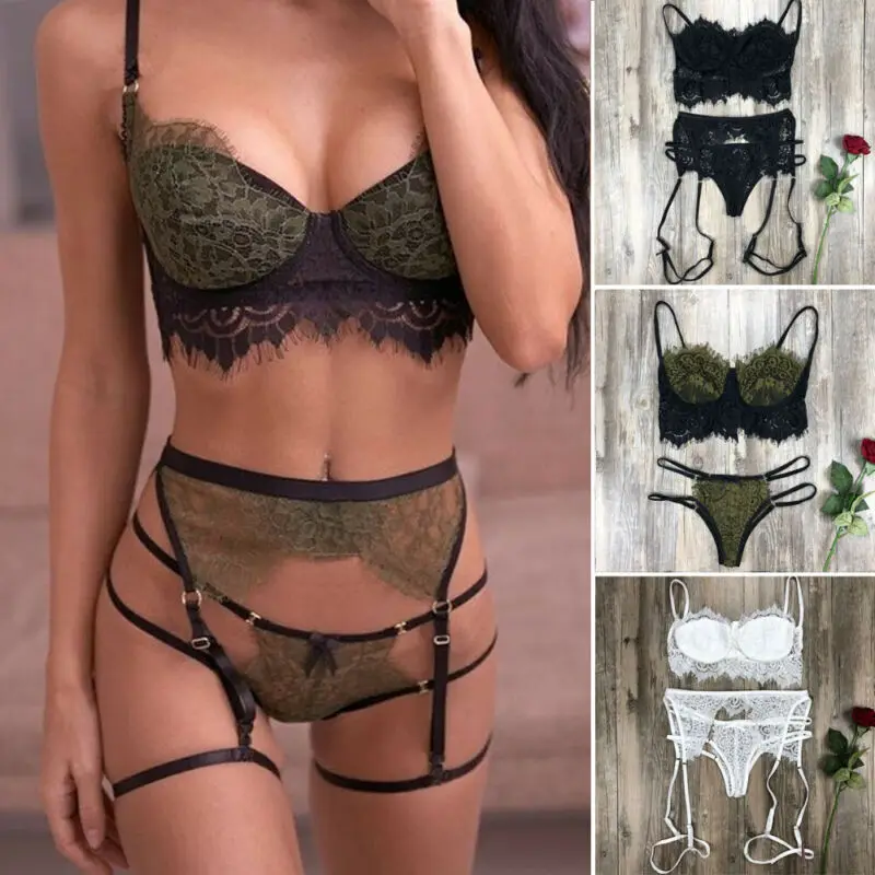 

3pcs Set Women Transparent Bra Set + Garter Black Sexy Lingerie Lace Plus Size Underwear