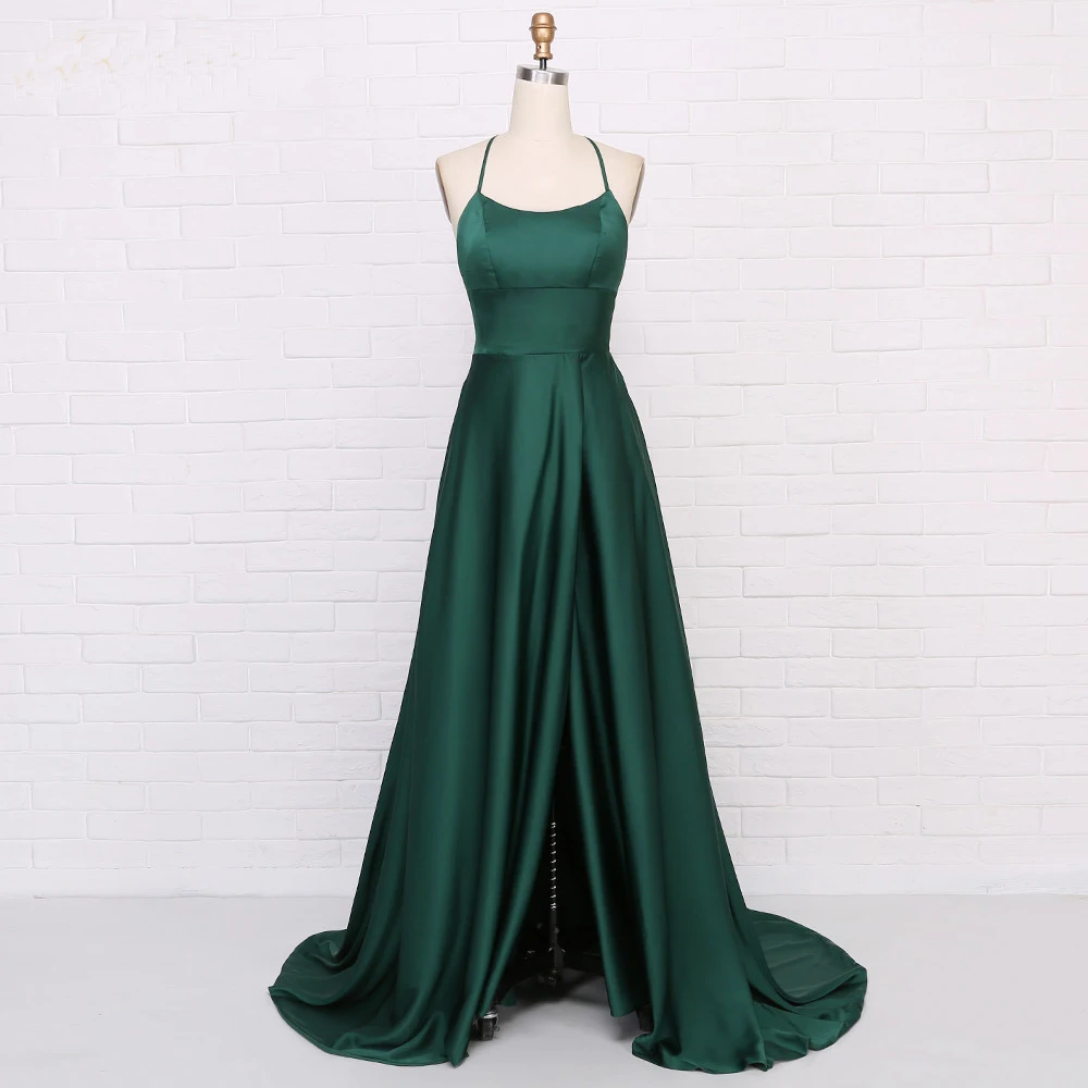 robe de soiree Sexy Dark Green Satin Evening Dress 2020 Slit Backless Prom Dress Halter Straps Back Evening Gowns Party Dress (5)