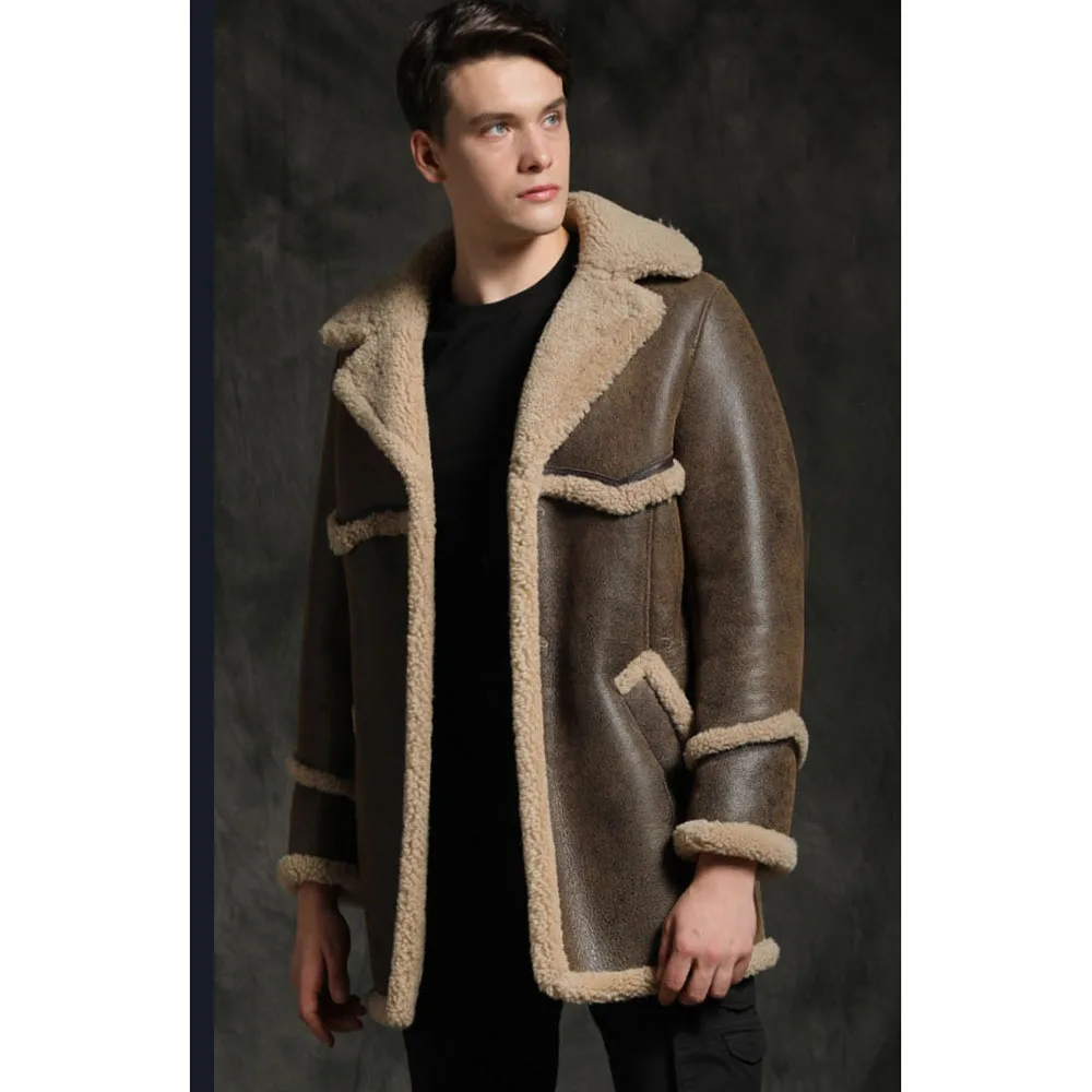 หรูหรา Sheepskin Shearling ผู้ชายฤดูหนาว Thicken ธรรมชาติขนสัตว์จริงสีดำสีเหลืองขนาดกลางยาวขนสัตว์เสื้อผ้า