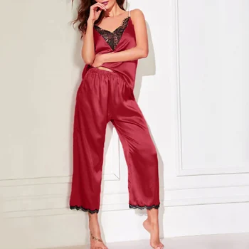 

Women Pajama Two Piece Set Lace Satin Silk Sleepwear Solid Spaghetti Strap Tops And Long Pants Set Female Sexy pajama mujer D30