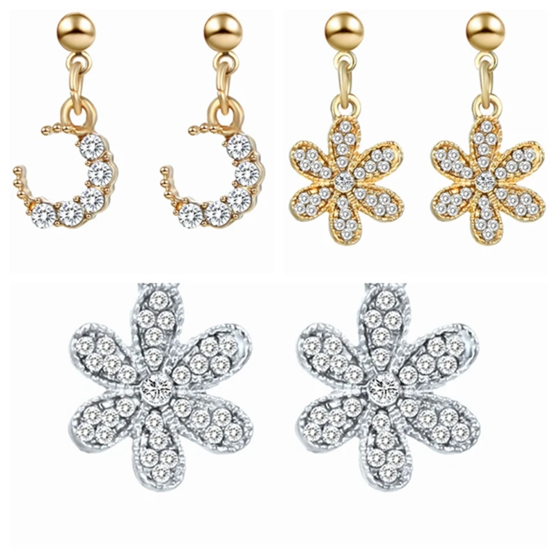

2019 Korean Fashion Gold Silver Flower Earrings Statement Crystal Moon Dangle Drop Earrings for Women Jewelry Wholesale Brincos