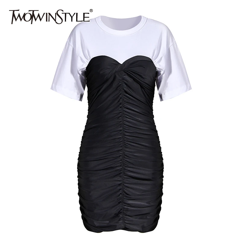 TWOTWINSTYLE Hit Color Patchwork Ruched Dress For Women O Neck Short Sleeve Slim Mini Dresses Female 2020 Summer Tide New TWOTWINSTYLE Hit Color Patchwork Ruched Dress For Women O Neck Short Sleeve Slim Mini Dresses Female 2020 Summer Tide New