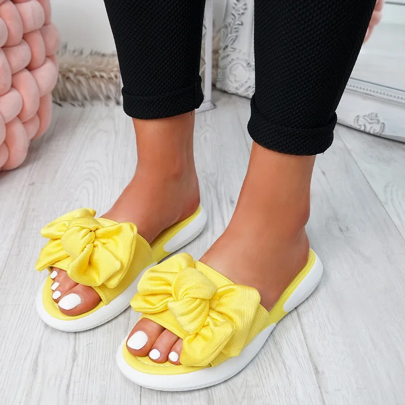 Тапочки с бантиком; женские сандалии; тапочки для дома и улицы; льняные Вьетнамки; пляжная обувь; женская модная обувь - Цвет: yellow